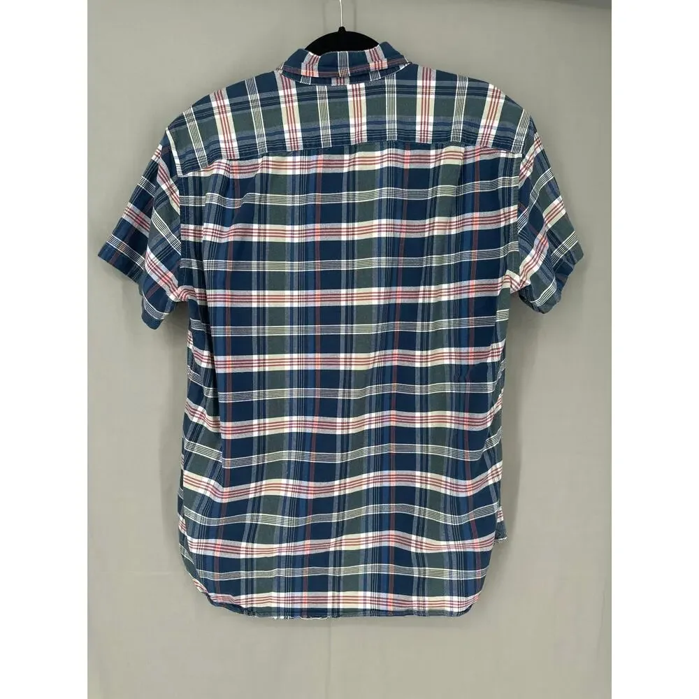 J Crew Shirt Mens Large Blue Plaid Oxford Slim Fit Button Cotton Short Sleeve